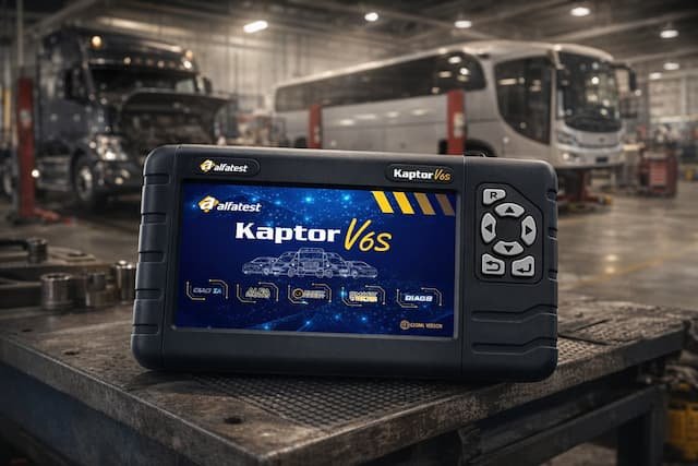 Equipamentos de diagnóstico automotivo Kaptor V5X, V6 e V6S da Alfatest em oficina mecânica, equipamento pronto para análise eletrônica.